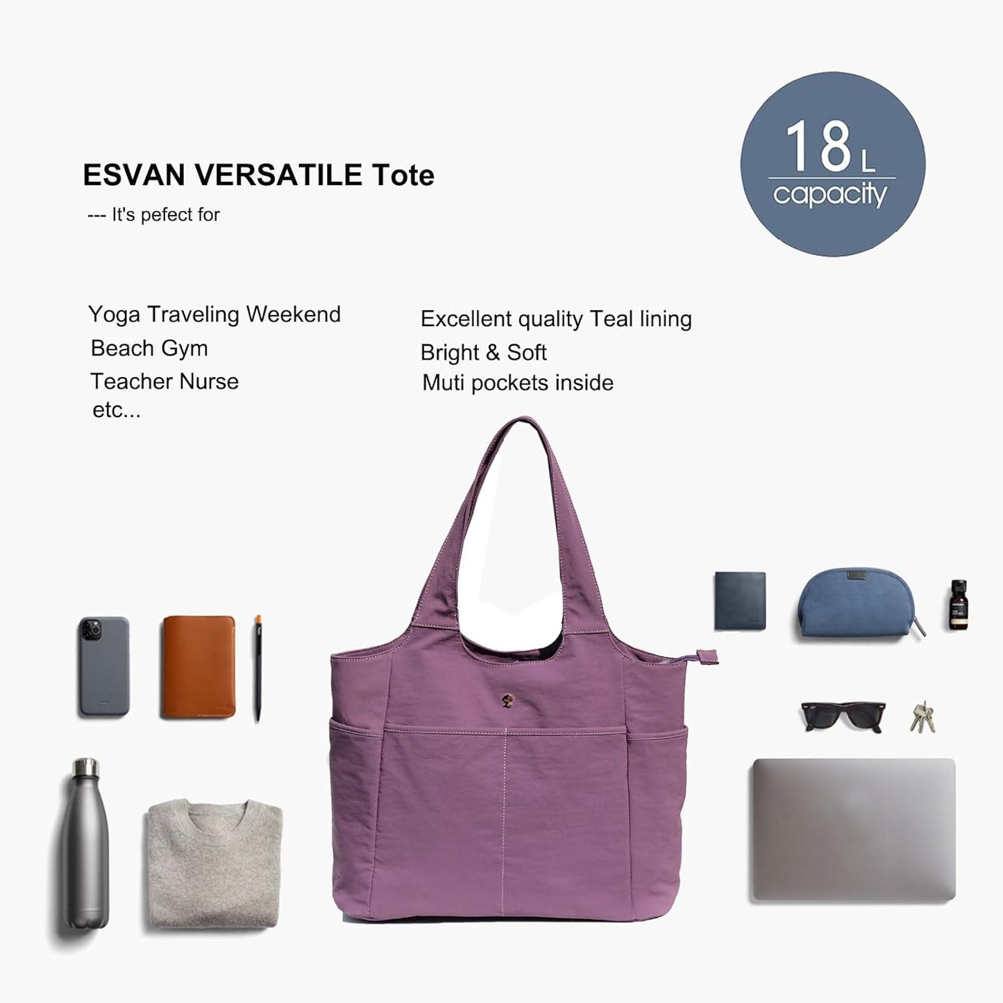 ESVAN Yoga Tote Bag Mat bag Women Shoulder Bags Carryall Tote for Travel Office Workout Gym Nurse Beach