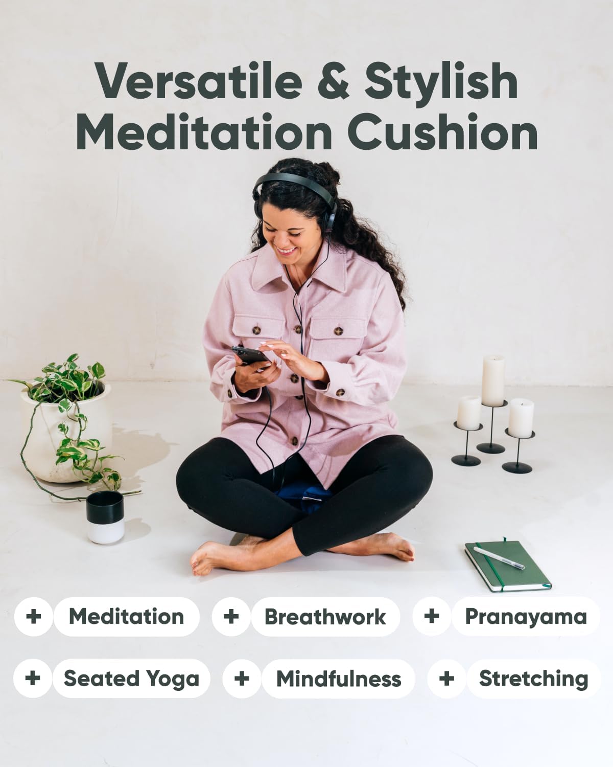 Mindful Modern Velvet Meditation Cushion | Luxe Zafu Yoga Floor Pillow Seat | Posture Support | Buckwheat Hull Filled | Large Round Cushion with Removable Washable Cover + Carry Handle