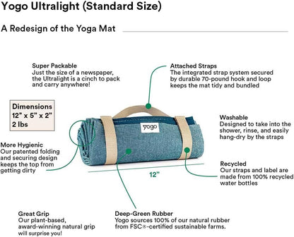 Yogo Ultralight Folding Travel Yoga Mat with Attached Straps, FSC®-Certified Plant Rubber, Sticky Grip, Non-Slip, Best Travel Yoga Mat®