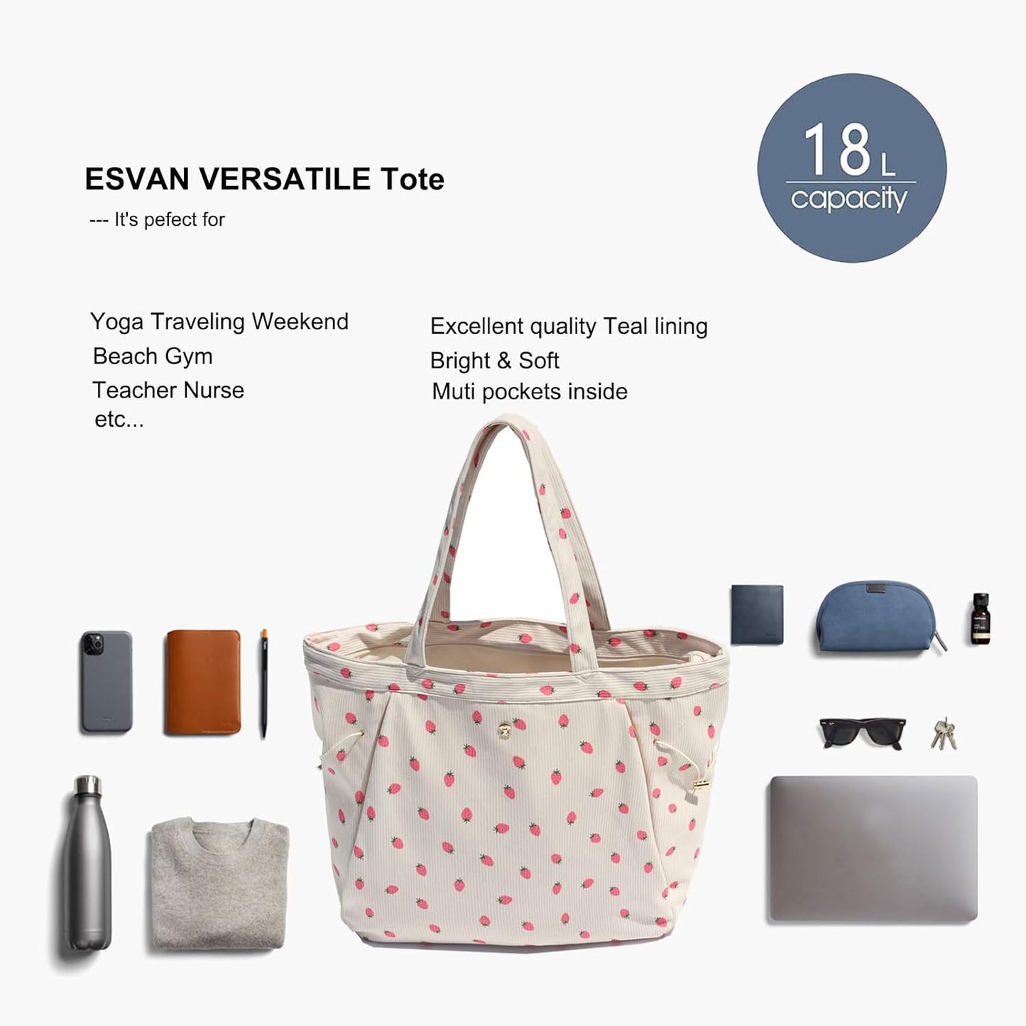 ESVAN Corduroy Yoga Tote Bag Gifts for Women Drawstring Yoga Mat Bag for Office Workout Travel Carryall Pilates Gym