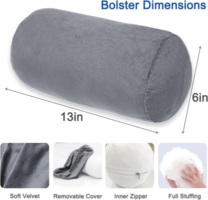 1 MIDDLE ONE Round Cylinder Bolster Pillow with Removable Velvet Cover, Tube Roll Cervical Pillow for Head, Neck, Back and Legs Support, 13" x 6", Grey