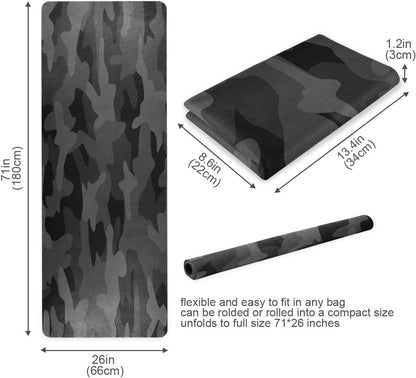 Travel Yoga Mat 71" x 24" Non Slip Natural Rubber Foldable Exercise Mat Ultra Thin 1.5mm Lightweight for Fitness, Pilates & Home Workout, Charcoal Black Grey Camo