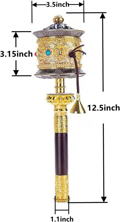 Copper Large Hand Held Prayer Wheel with Tibetan Buddhist Six-Character Truth Premium Buddha Scriptures, Wooden Handle Prayer Wheel for Praying, Blessing, Meditation, Healing, Relaxing, Yoga