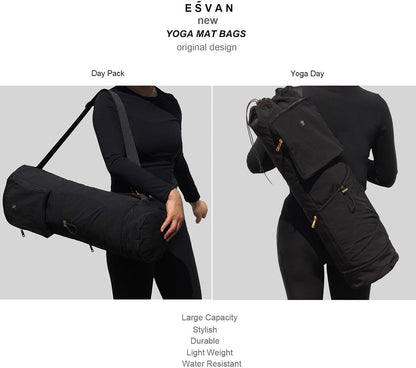 ESVAN Yoga Mat Bag with Multi Pockets Drawstring Yoga Mat Carrier Pilates Exercise Multi-Functional Storage Bag