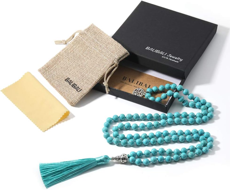 108 Mala Beads Necklace Semi-Precious Gem Stones Meditation Necklace 108 Hand Knotted Japa Mala Beaded Tassel Necklace with Tree of Life Pendant