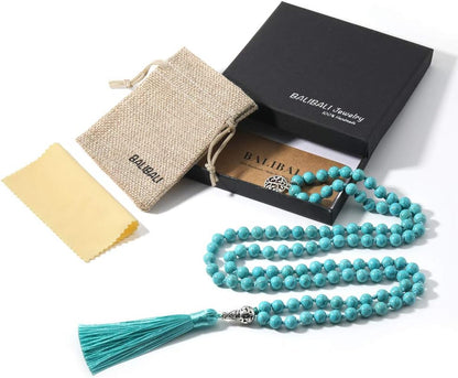108 Mala Beads Necklace Semi-Precious Gem Stones Meditation Necklace 108 Hand Knotted Japa Mala Beaded Tassel Necklace with Tree of Life Pendant