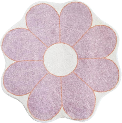 White Flower Shaped Rug, Cute Round Indoor Rug, 39.4" Diameter, High Pile Faux Wool, Non-Slip Backing