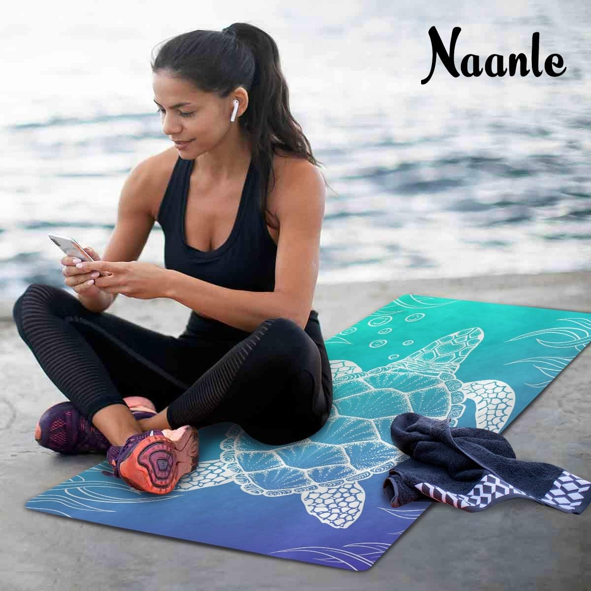 Naanle Sea Turtle Yoga Mat with Carrying Bag Set, Turtle Exercise Mat Foldable Non Slip Travel Lightweight Workout Rug for Home Gym Yoga Pilates Stretching Floor Fitness 71x26 in