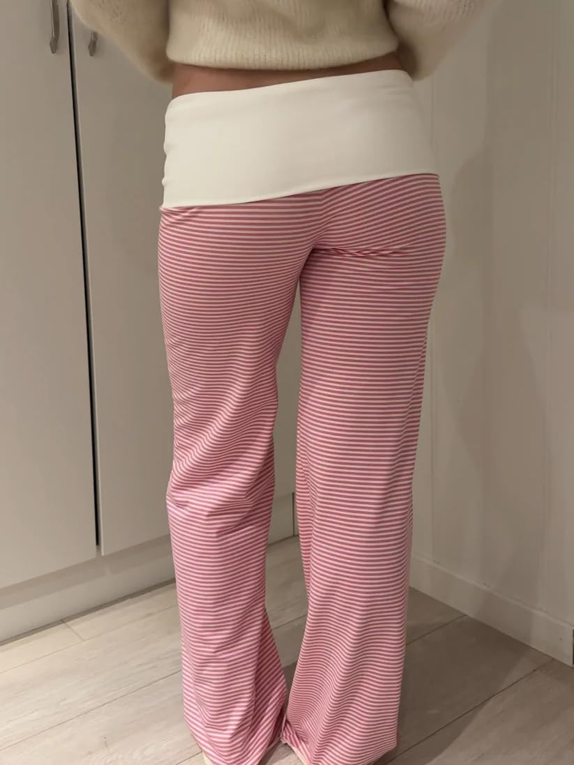 Women Y2k Fold Over Yoga Pants Colour Block Straight Leg Bottoms Low Rise Stretchy Lounge Trousers