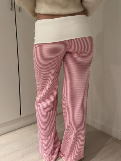 Women Y2k Fold Over Yoga Pants Colour Block Straight Leg Bottoms Low Rise Stretchy Lounge Trousers