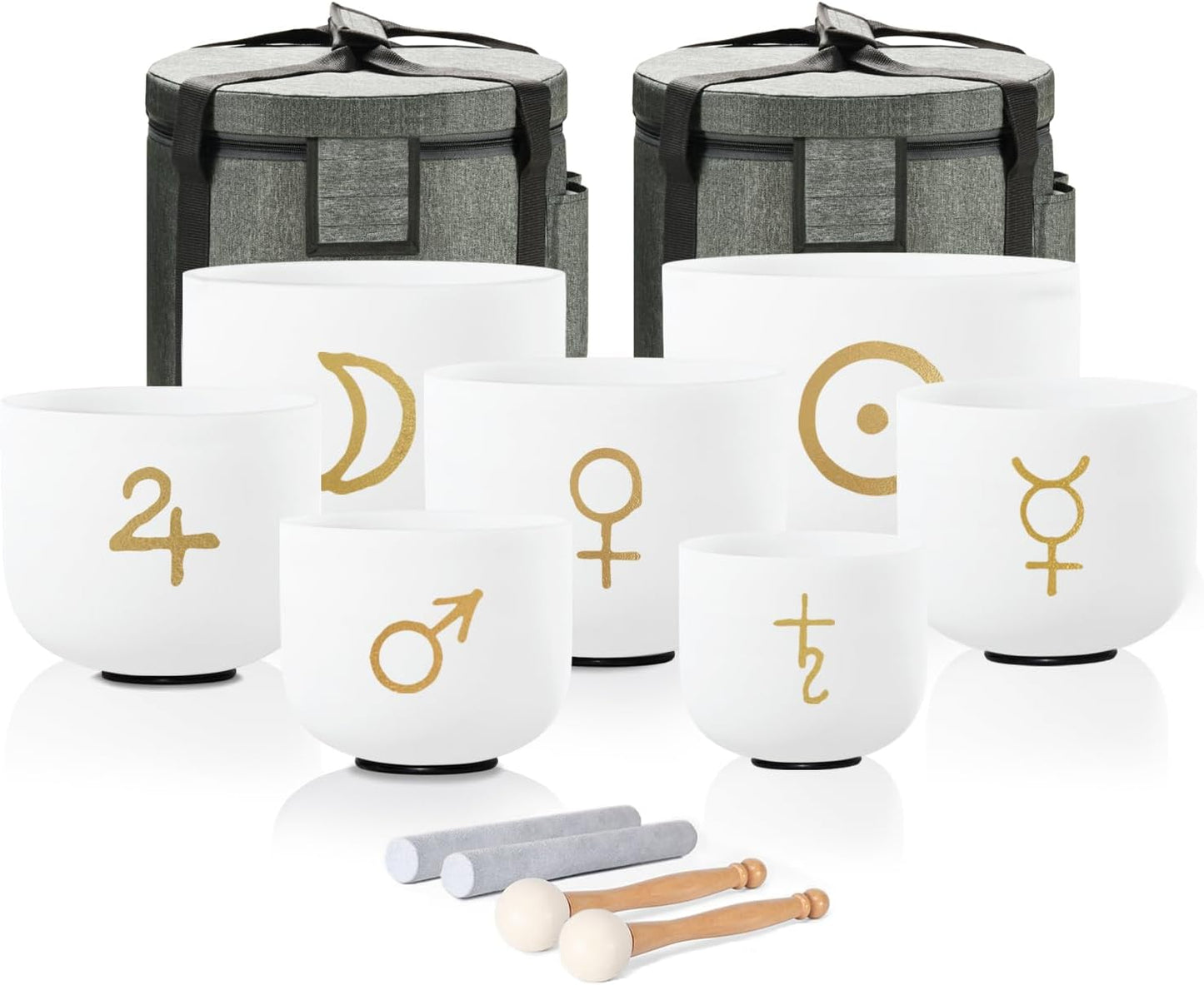 CVNC 432HZ 6-12 Inch Set of 7 PCS Aria Gradient Design Frosted Quartz Crystal Singing Bowls with 2 PCS Carry Case Bag for Sound Healing and Therapy Meditation