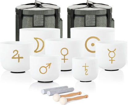 CVNC 432HZ 6-12 Inch Set of 7 PCS Aria Gradient Design Frosted Quartz Crystal Singing Bowls with 2 PCS Carry Case Bag for Sound Healing and Therapy Meditation