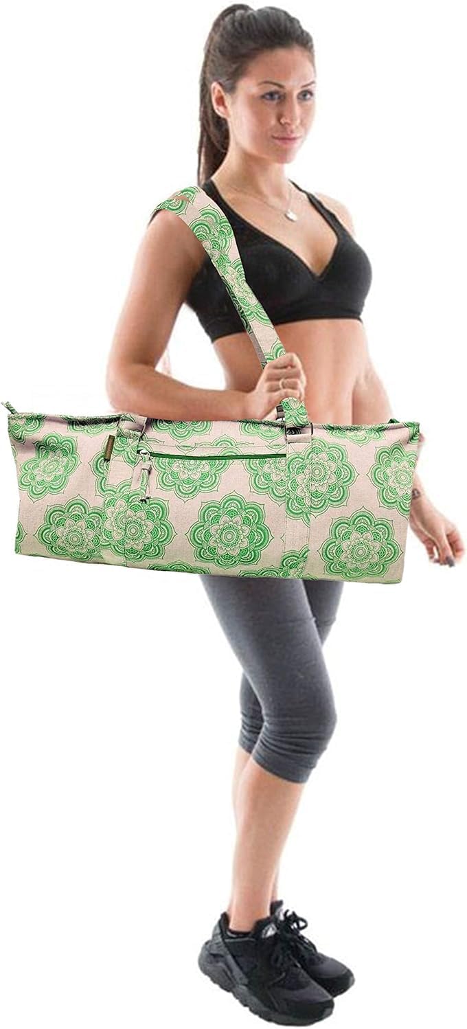 Yoga Mat Bag for Women, Cotton & Jute Storage Bag with Mandala Print, Large Multi-Functional Yoga Bag with Zipper Pocket, Mat Carrier Bag, Fitness Mat Holder for Yoga, Studio, Workout (29x8x12)