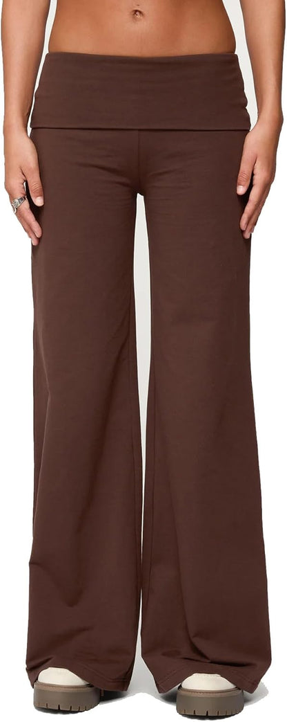 Women Y2k Fold Over Yoga Pants Colour Block Straight Leg Bottoms Low Rise Stretchy Lounge Trousers