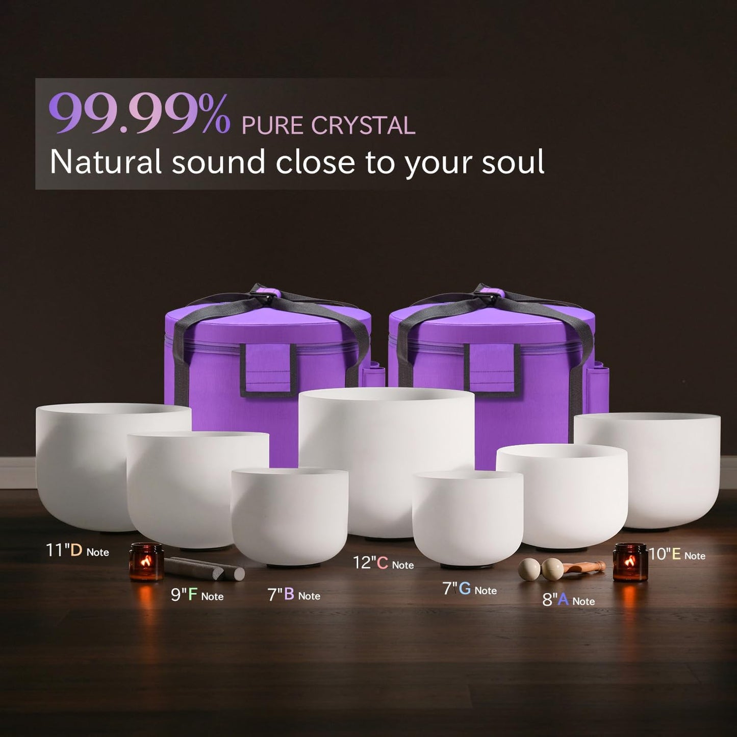 CVNC 432Hz 7-12 Inch Crystal Singing Bowl Set of 7 with 2 Pcs Carrying Case Bag, Frosted Quartz Crystal Sound Bowls for Chakra, Sound Therapy, Meditation Energy