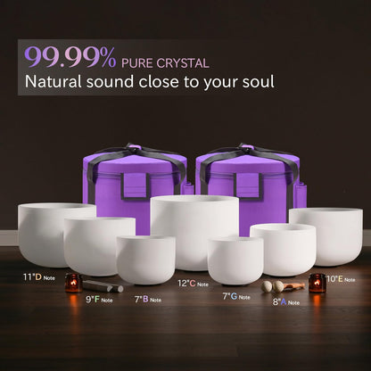 CVNC 432Hz 7-12 Inch Crystal Singing Bowl Set of 7 with 2 Pcs Carrying Case Bag, Frosted Quartz Crystal Sound Bowls for Chakra, Sound Therapy, Meditation Energy