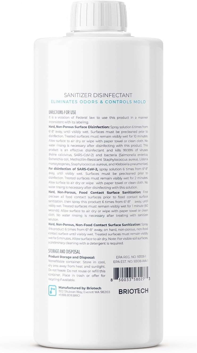 BRIOTECH Sanitizer Disinfectant Hypochlorous Spray, Kill 99.99% of Viruses & Bacteria, Control Mold, Eliminate Odor, Gentle for Nursery & Play Rooms, Food Contact Surface Sanitizer, 32 fl oz