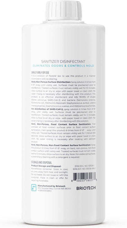 BRIOTECH Sanitizer Disinfectant Hypochlorous Spray, Kill 99.99% of Viruses & Bacteria, Control Mold, Eliminate Odor, Gentle for Nursery & Play Rooms, Food Contact Surface Sanitizer, 32 fl oz