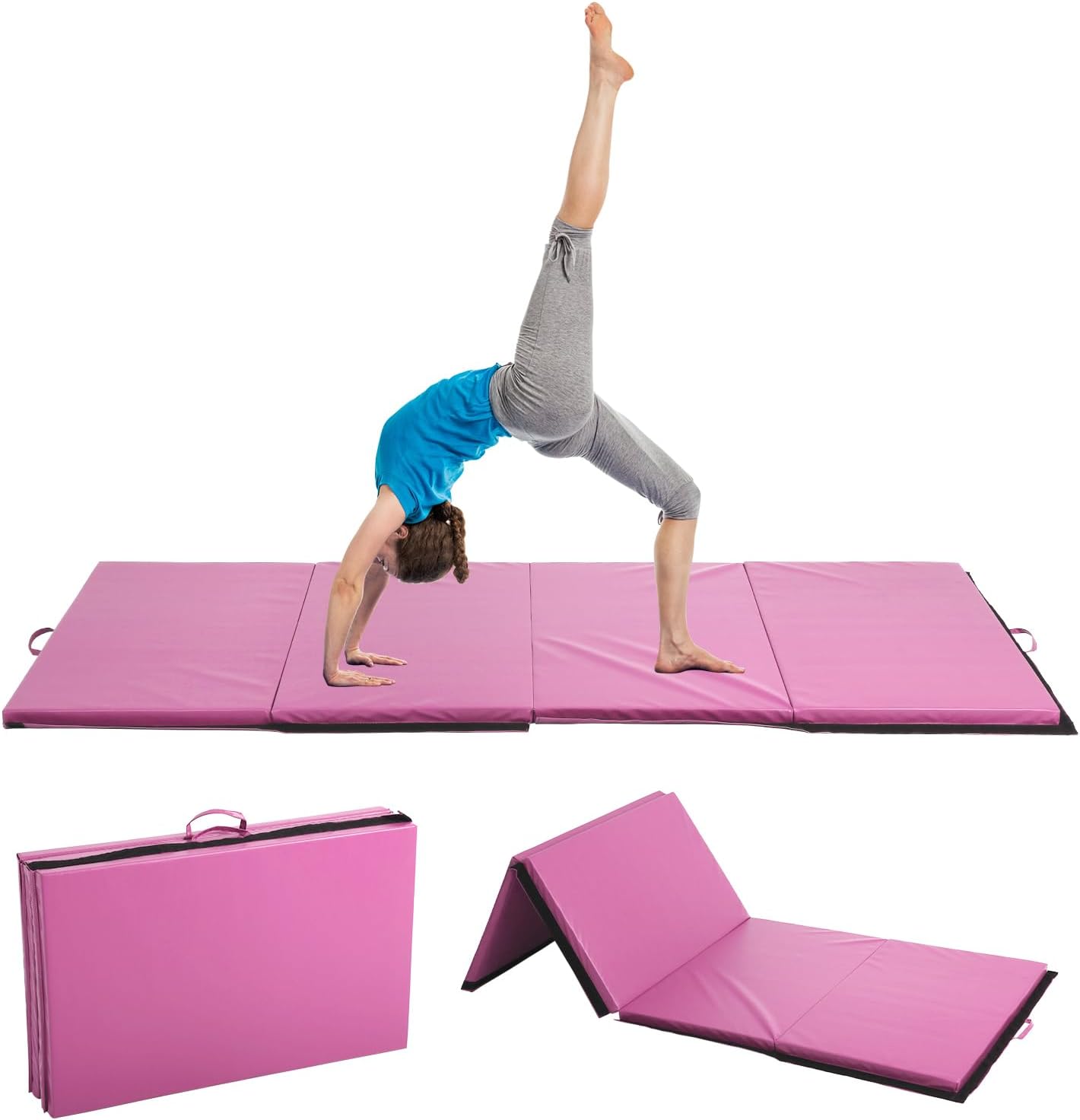 Gymnastics Mat for Tumbling, Folding Tumbling Mat Exercise Mat Gym Mat Tumbling Mats for Kids, Adults, PU Leather Yoga Mat with Carrying Handles