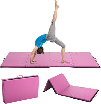 Gymnastics Mat for Tumbling, Folding Tumbling Mat Exercise Mat Gym Mat Tumbling Mats for Kids, Adults, PU Leather Yoga Mat with Carrying Handles