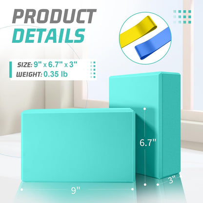 Yoga Blocks 2 Pack 3x6x9IN Foam Block Supportive Latex-Free with Stretch Band, Non-Slip Exercise Blocks for Pilates, Meditation, Balance, Stretching and Deep Poses
