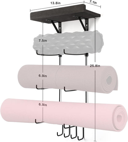 Bikoney Yoga Mat Holder Wall Mount Yoga Mat Storage Home Gym Accessories with Wood Floating Shelves and 4 Hooks for Hanging Foam Roller and Resistance Bands Fitness Home Gym Carbonized Black