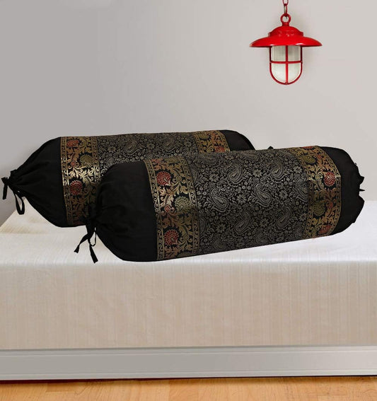 Ethnic Jacquard Brocade Silk Bolster Yoga Rectangular Pillowcase Cover Paisley Black Tubular Living Room Decorative Cylindrical Hotdog Indian Throw Pillowcase 76x38 cm - Set of 2 Pcs