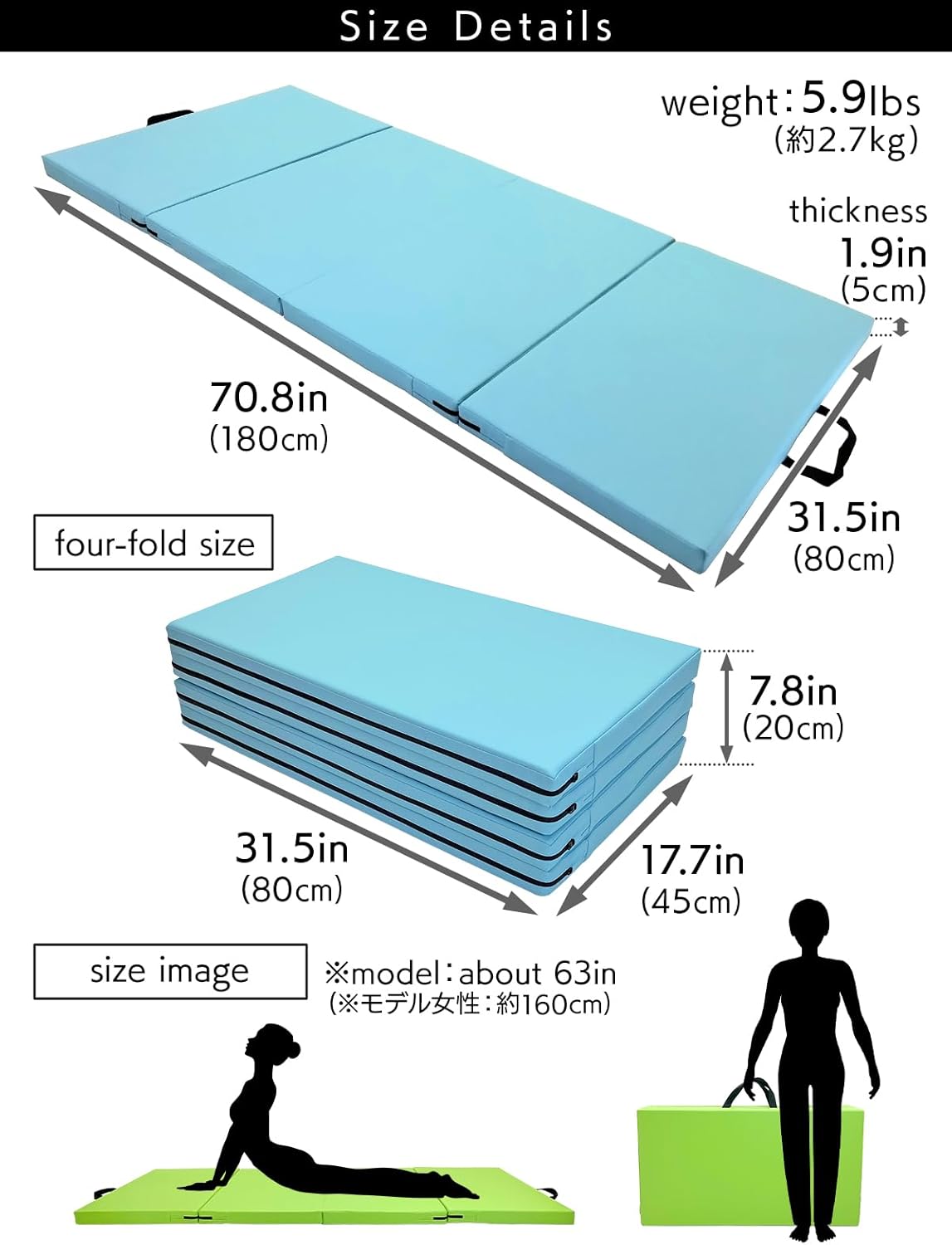KaRaDaStyle Gymnastics Mat Folding Stretch Mats 71"x31"x2" Exercise Muscle Training Children Play Horizontal Bar Mat Yoga Sports Soundproof Home Use