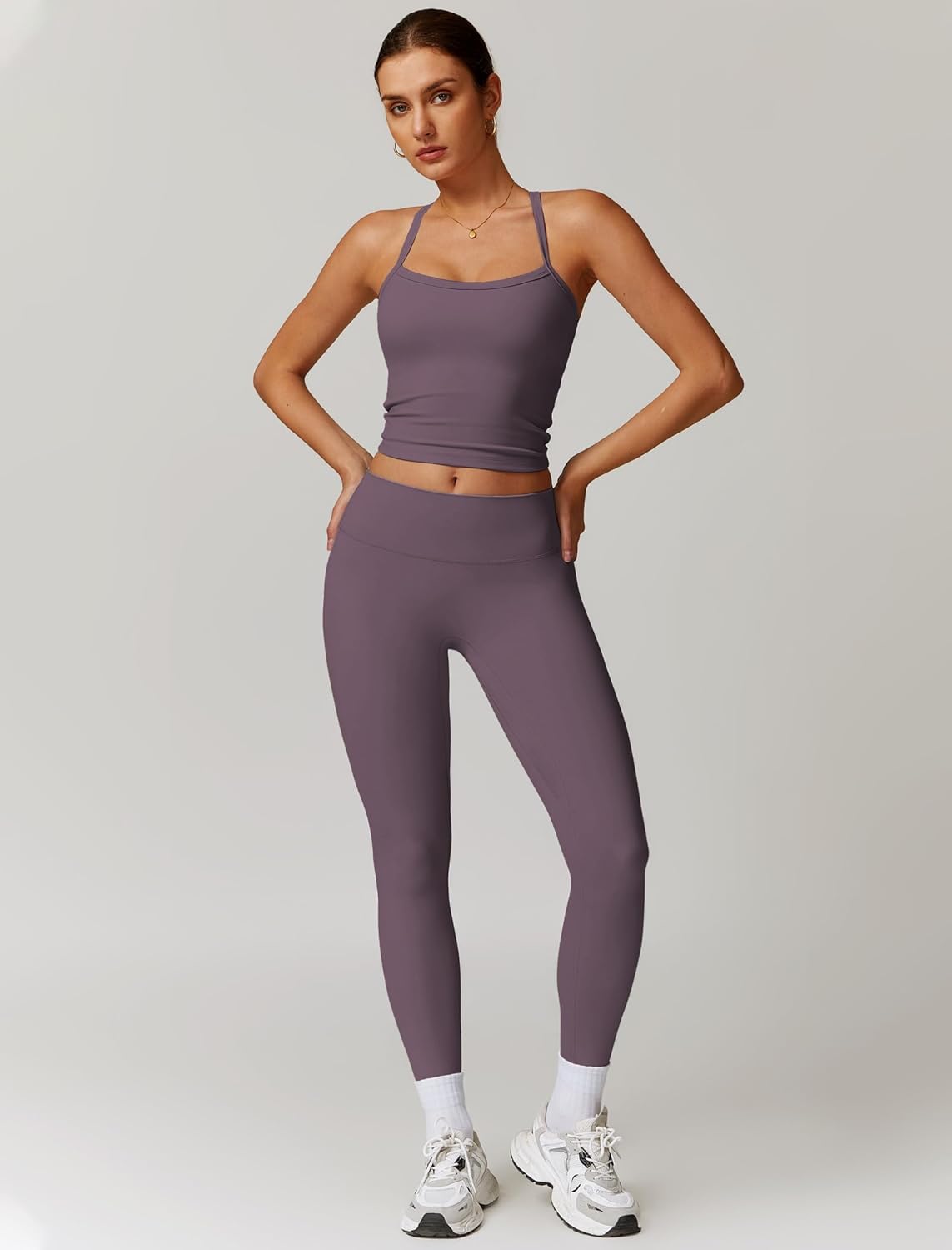 Women 2 Piece Workout Sets Padded Criss Cross Back Crop Tank High Waist Tummy Control Active Leggings Sets Yoga Outfit