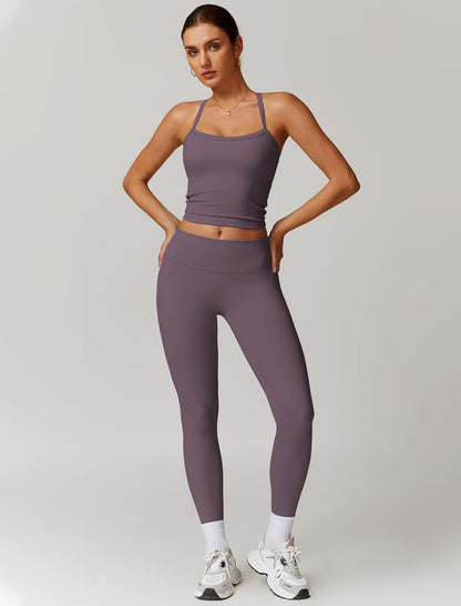Women 2 Piece Workout Sets Padded Criss Cross Back Crop Tank High Waist Tummy Control Active Leggings Sets Yoga Outfit