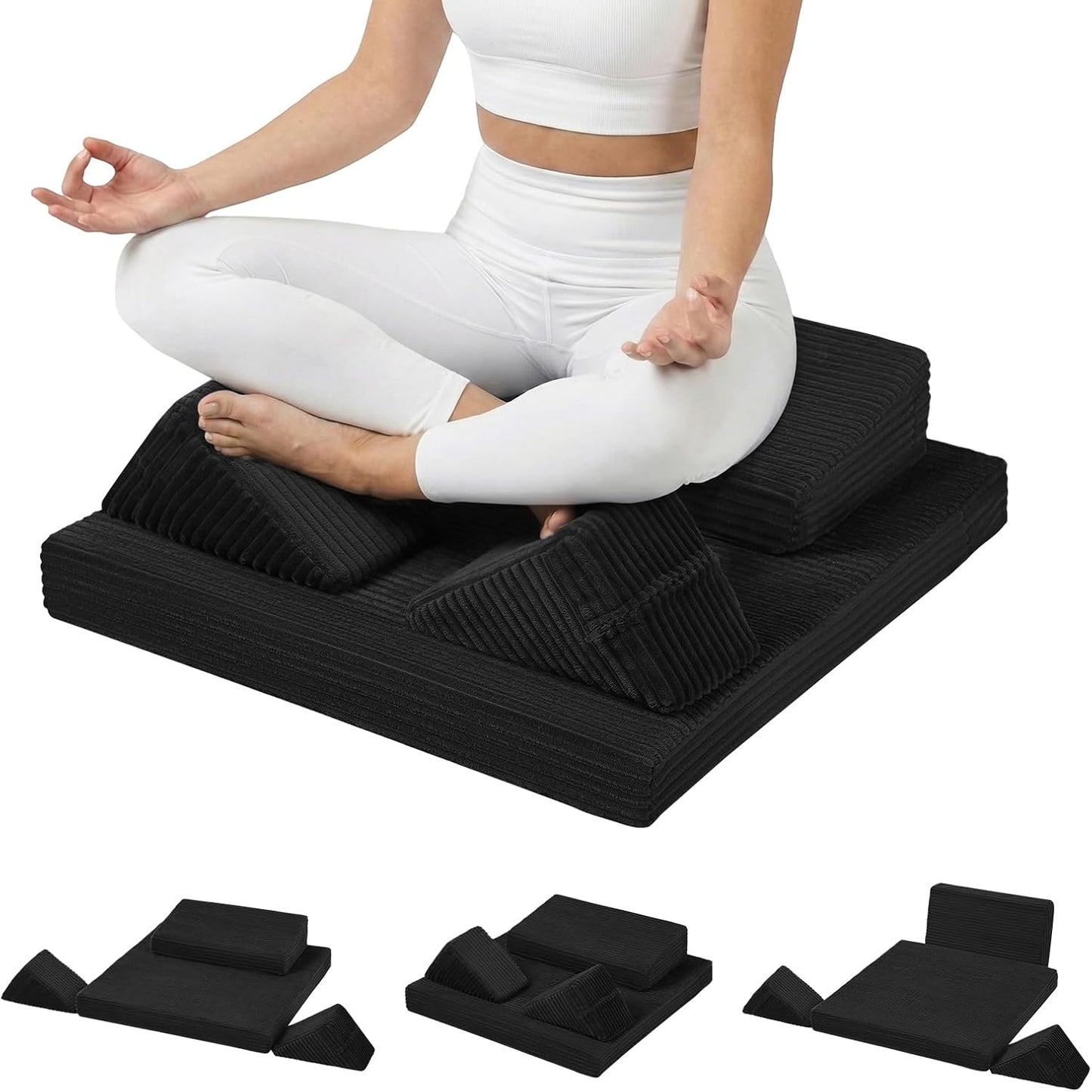 Meditation Cushion Set, Meditation Pillow for Sitting on Floor, Large Yoga Pillow with Knee Support, Washable Zafu Meditation Mat, 3 Shapes Floor Pillow for Adults, Dark Grey