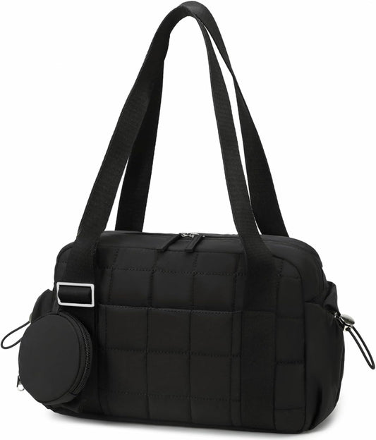 CAMTOP Mini Gym Bag for Women, Small Gym Tote Bag Puffy Quilted Sports Duffel Bag with Wet Compartment and Coin Purse Duffel Bags Dance Yoga Workout Bag for Gifts (All Black, Mini-12.6")