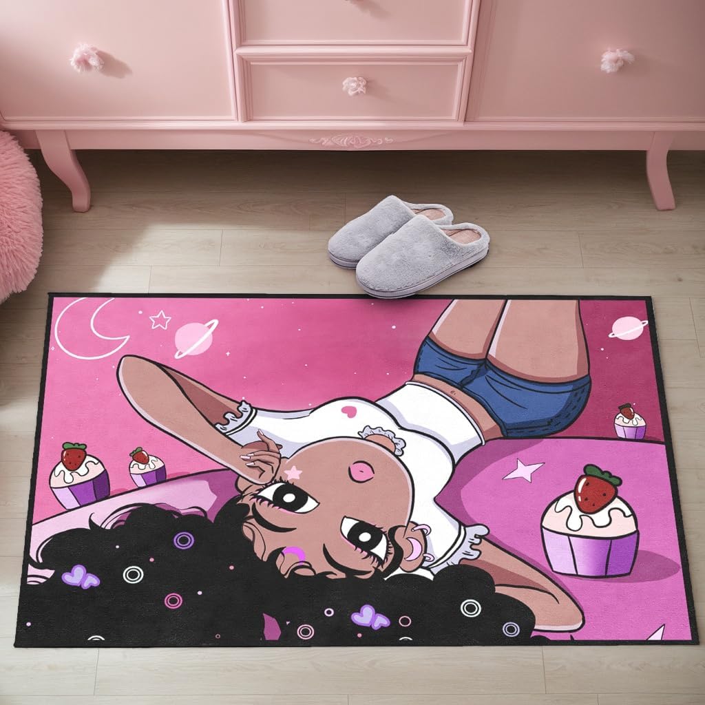 Black Girl Area Rug for Bedroom African Black Girls Floor Rugs for Living Room Playroom Cartoon Art Home Decor Soft Yoga Mats for Women Afro Purple 47" x 31" (2.7 x 3 Feet)
