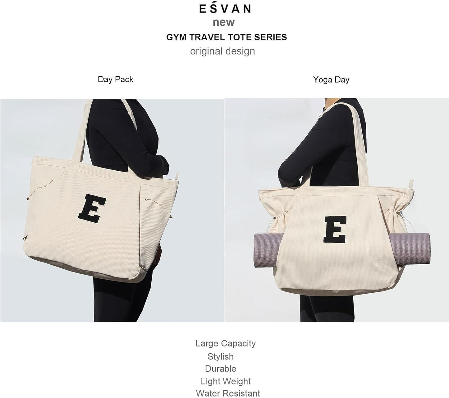 ESVAN Corduroy Yoga Tote Bag Gifts for Women Drawstring Yoga Mat Bag for Office Workout Travel Carryall Pilates Gym