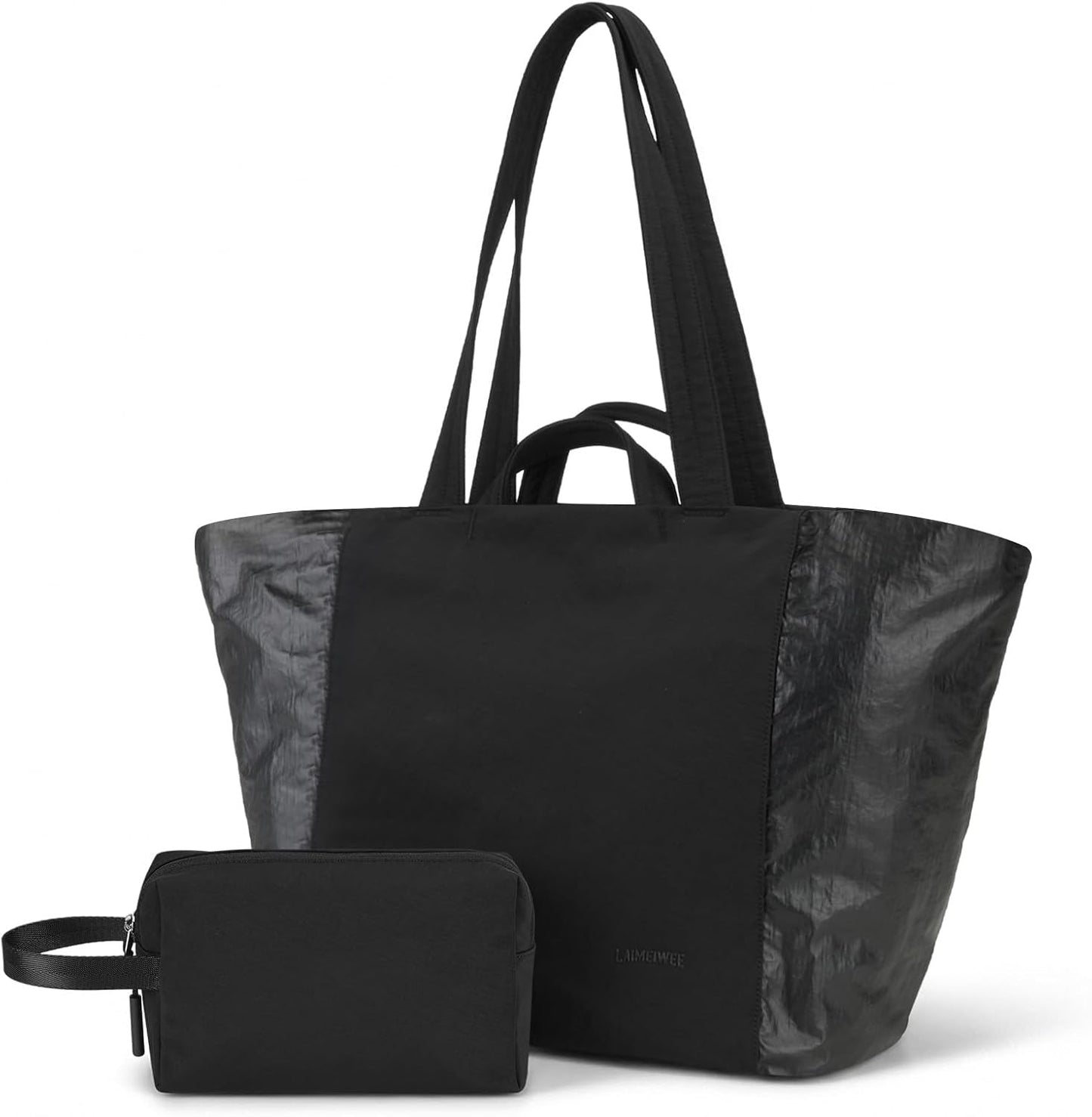 Lightweight Carryall Tote Bag for Women, 25L Expandable Travel Work Bag with Tablet Sleeve, Gym Tote with Yoga Mat Holder & Wet Dry Pocket, 3-Piece Set with Shoe Bag & Cosmetic Pouch (Black)