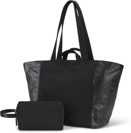 Lightweight Carryall Tote Bag for Women, 25L Expandable Travel Work Bag with Tablet Sleeve, Gym Tote with Yoga Mat Holder & Wet Dry Pocket, 3-Piece Set with Shoe Bag & Cosmetic Pouch (Black)