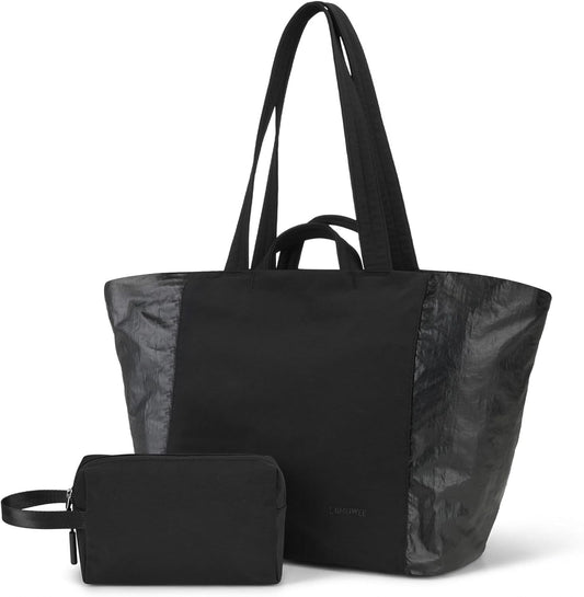Lightweight Carryall Tote Bag for Women, 25L Expandable Travel Work Bag with Tablet Sleeve, Gym Tote with Yoga Mat Holder & Wet Dry Pocket, 3-Piece Set with Shoe Bag & Cosmetic Pouch (Black)