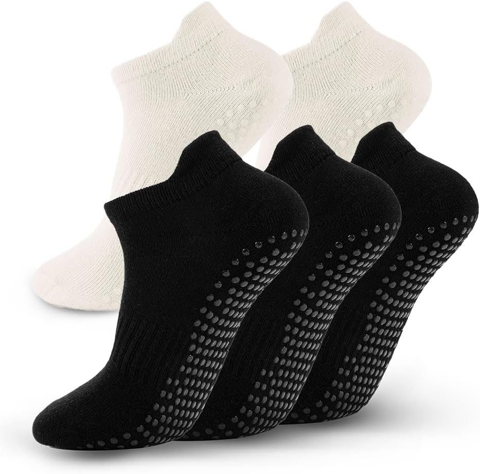5 Pairs Pilates Socks with Grips for Women Non Slip Grip Yoga Crew Socks for Barre Hospital Barefoot Workout