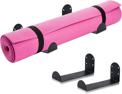 Yoga Mat Holder Wall Mount, 2-Pack Space Saving Yoga Mat Rack for Small Home Gym Storage, Stainless Steel Wall Holder for Yoga Mats, Foam Rollers & Workout Accessories
