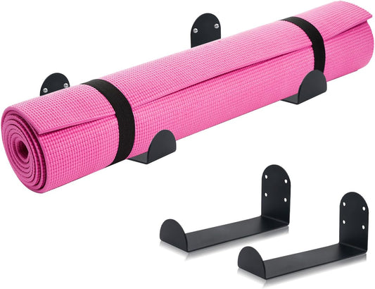 Yoga Mat Holder Wall Mount, 2-Pack Space Saving Yoga Mat Rack for Small Home Gym Storage, Stainless Steel Wall Holder for Yoga Mats, Foam Rollers & Workout Accessories