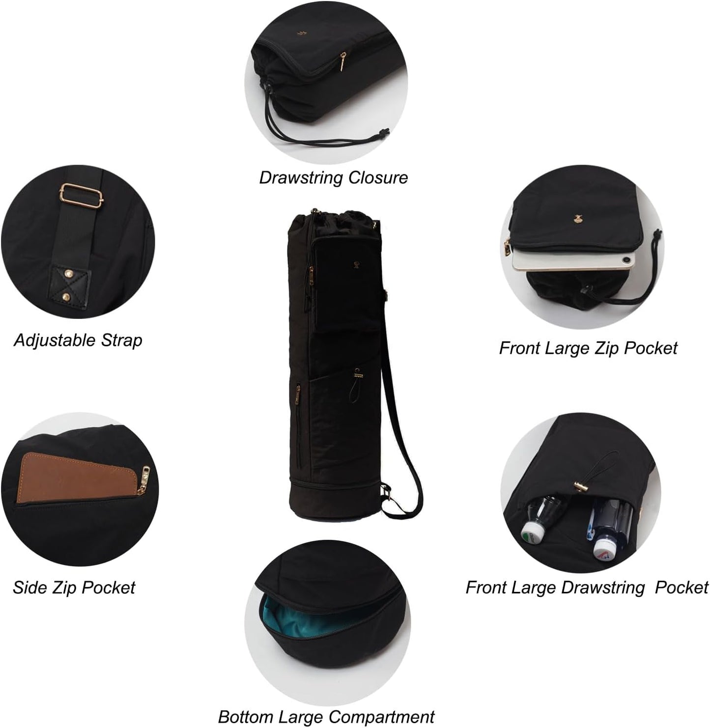 ESVAN Yoga Mat Bag with Multi Pockets Drawstring Yoga Mat Carrier Pilates Exercise Multi-Functional Storage Bag