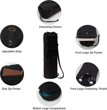 ESVAN Yoga Mat Bag with Multi Pockets Drawstring Yoga Mat Carrier Pilates Exercise Multi-Functional Storage Bag