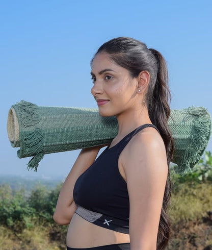 Indian Handmade100 % Organic Anti Skid Multi Colour Cotton Yoga Mat - Eco-Friendly Hand-Woven Rug - Non-Slip & Thick (24”x72”x5mm) for Hot yoga & Everyday Fitness at Home - Comfortable & Foldable Extra-Long Mat