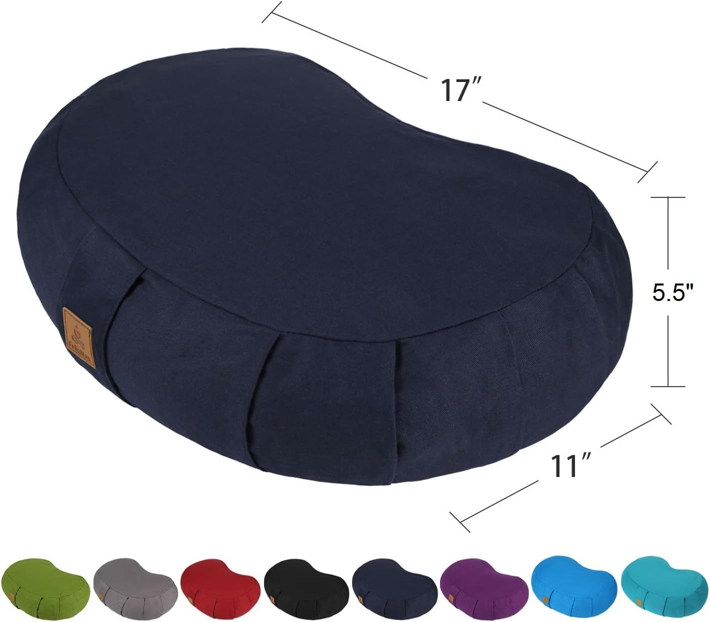 Crescent Zafu Meditation Pillow, D=17" W=11" H=5.5" Zabuton Yoga Bolster, Meditation Cushion, Floor Pouf Yoga Pillow Zippered Organic Cotton Cover Natural Buckwheat kneeling pillow - Large