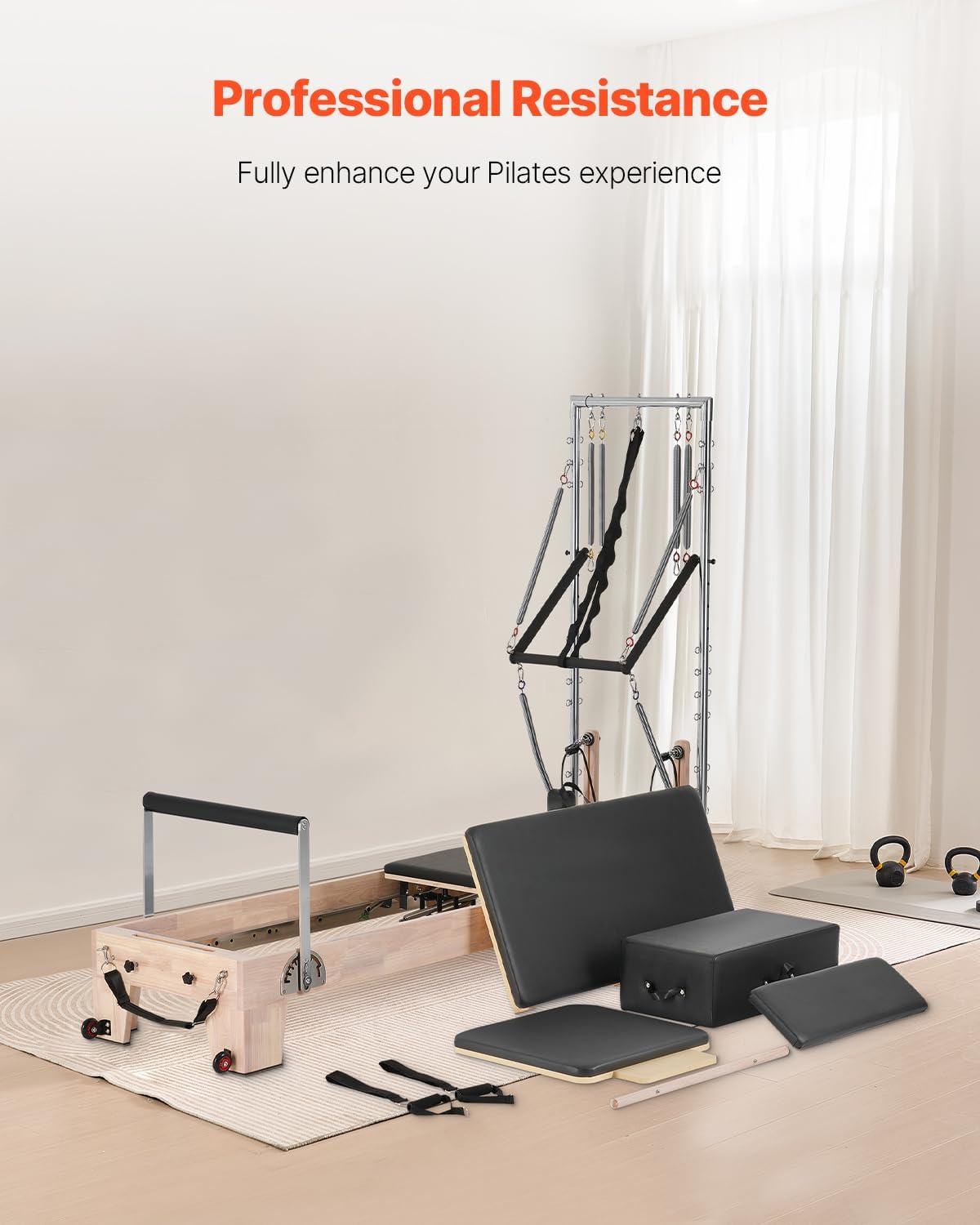 VEVOR Pilates Reformer, Reformer Pilates Machine with Cadillac Trapeze Table or Tower & Mat, Pilates Equipment for Home Workout and Studio, Includes Jump Board，Sitting Box