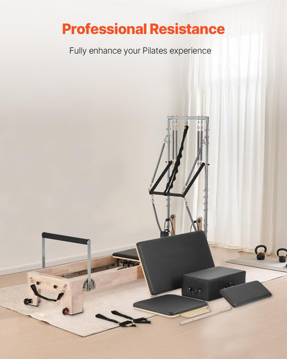 VEVOR Pilates Reformer, Reformer Pilates Machine with Cadillac Trapeze Table or Tower & Mat, Pilates Equipment for Home Workout and Studio, Includes Jump Board，Sitting Box