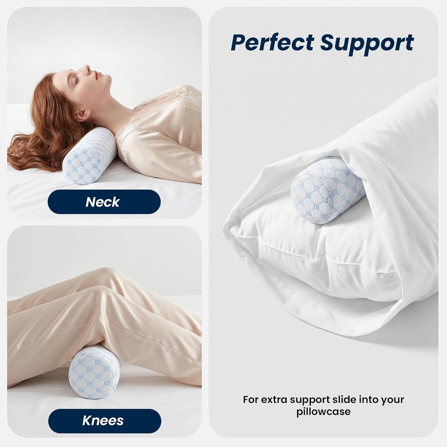 Neck Roll Pillow, Memory Foam Neck Support Pillows, Round Neck Pillows, Cylinder Bolster Pillows for Bed, Couch, and Yoga, Removable Washable Cover,18 * 4.1 * 4.1inch (Cool-Blue)