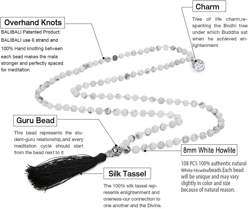 108 Mala Beads Necklace Semi-Precious Gem Stones Meditation Necklace 108 Hand Knotted Japa Mala Beaded Tassel Necklace with Tree of Life Pendant