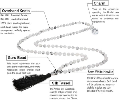 108 Mala Beads Necklace Semi-Precious Gem Stones Meditation Necklace 108 Hand Knotted Japa Mala Beaded Tassel Necklace with Tree of Life Pendant