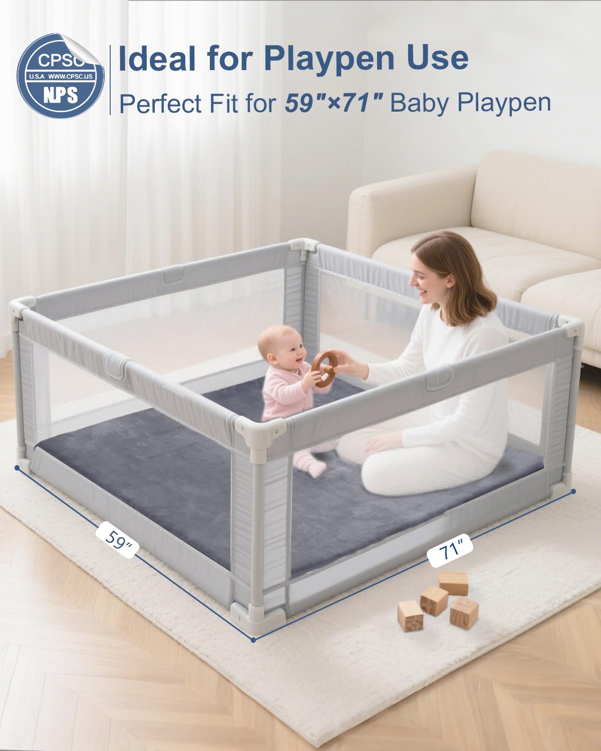 Large Thick Baby Play Mat for Floor,Padded Foam 59x79 Playpen Mat,Soft Support&Plush Feel Nursery Kids Rug,Non Slip for Toddler,Infants,Kids Playroom,Yoga,Baby Crawling,Tummy Time (Light Grey)